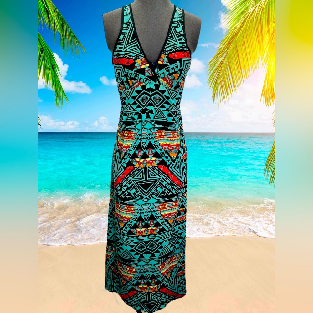 Angie V-Neck Tribal Print Smocked Back Versatile Strap Maxi Sundress Siz…